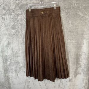 Laffaire Faux Suede Pleated Brown Midi Skirt  Small Western Old Money Equestrian